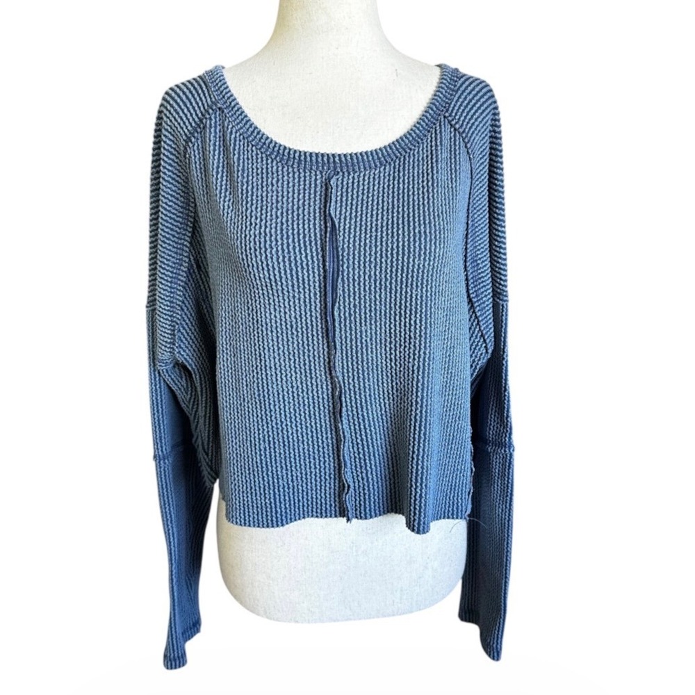 Altar'd State Womens Small Blue Waffle Knit Cropped Thermal Top Pullover | 0197